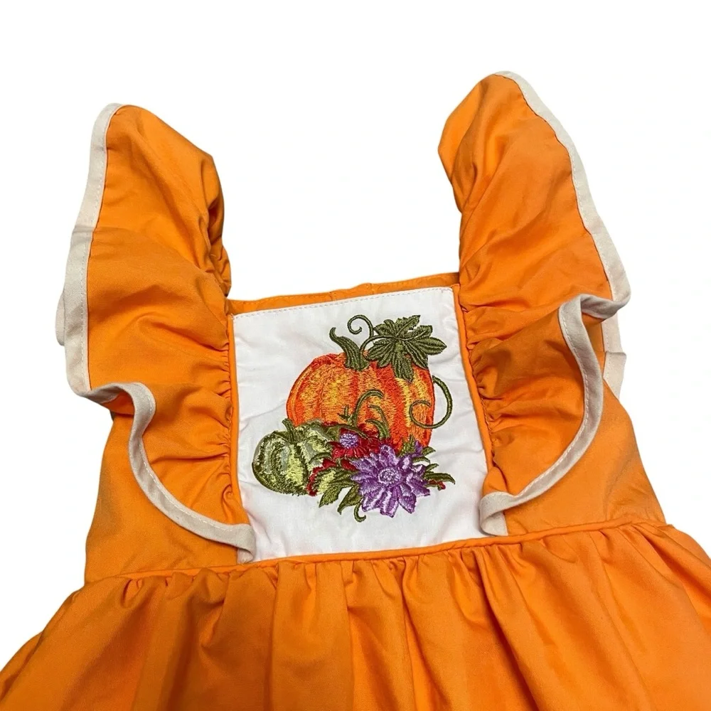 Smocked Blessings Toddler Girls Orange Pumpkin Embroidered Dress Size 2T - Picture 2 of 6